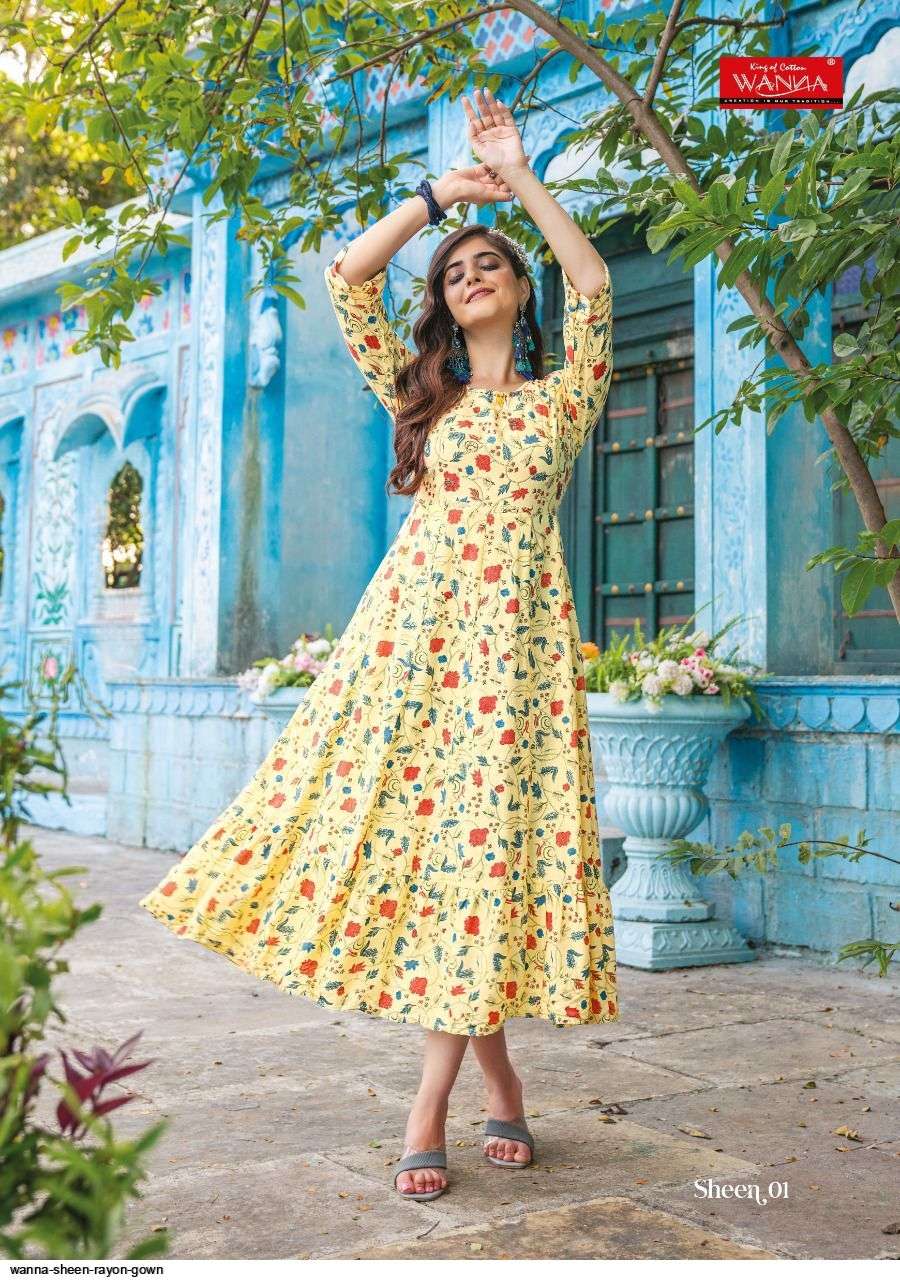 SHEEN BY WANNA 01 TO 05 SERIES BEAUTIFUL SUITS COLORFUL STYLISH FANCY CASUAL WEAR & ETHNIC WEAR RAYON PRINT GOWNS AT WHOLESALE PRICE