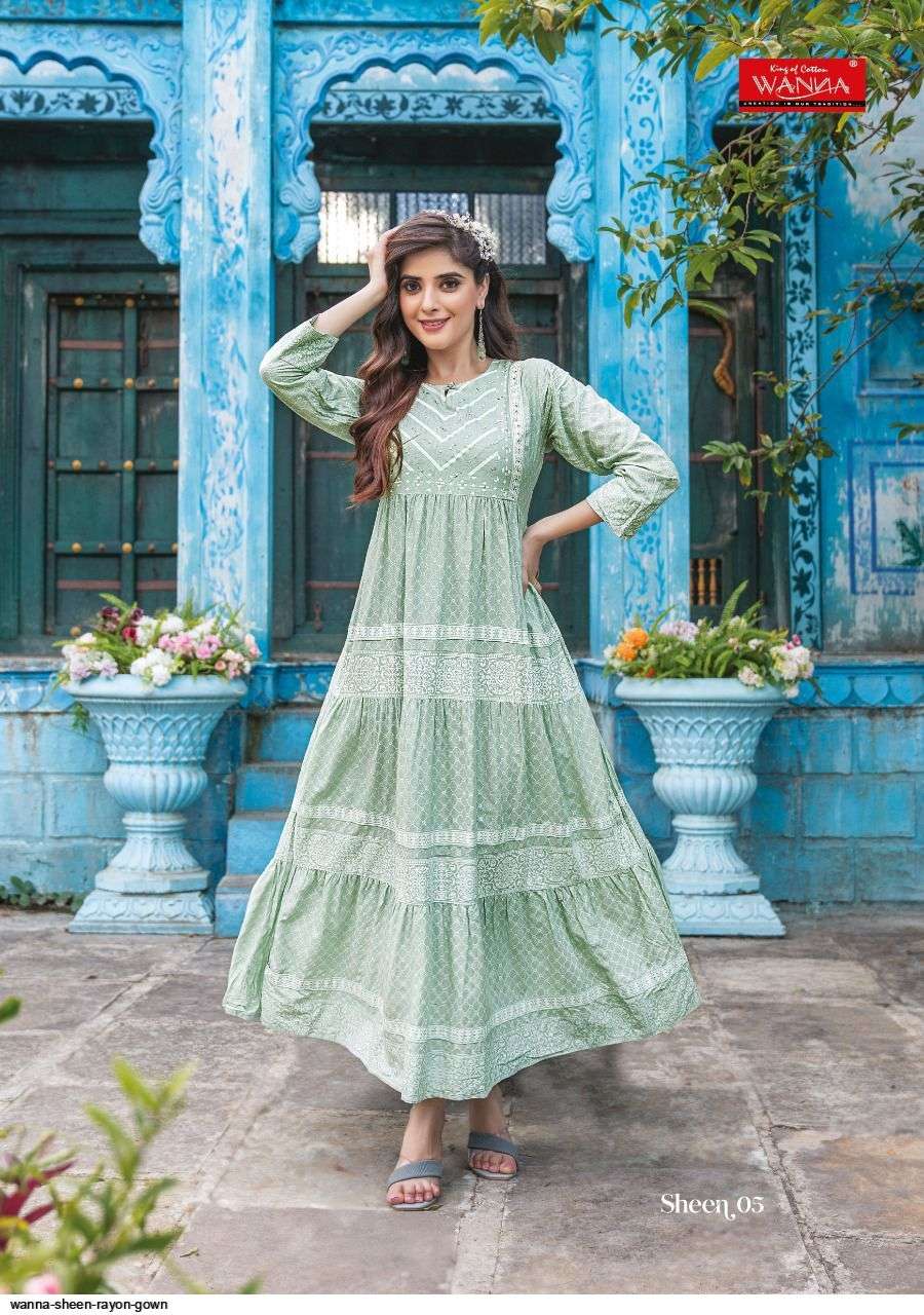 SHEEN BY WANNA 01 TO 05 SERIES BEAUTIFUL SUITS COLORFUL STYLISH FANCY CASUAL WEAR & ETHNIC WEAR RAYON PRINT GOWNS AT WHOLESALE PRICE