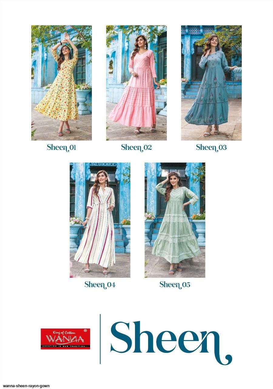 SHEEN BY WANNA 01 TO 05 SERIES BEAUTIFUL SUITS COLORFUL STYLISH FANCY CASUAL WEAR & ETHNIC WEAR RAYON PRINT GOWNS AT WHOLESALE PRICE