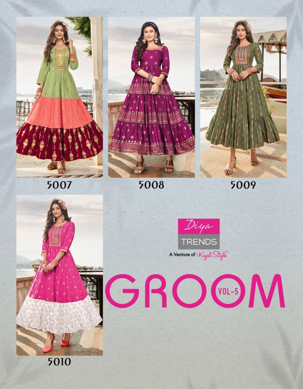 GROOM VOL-5 BY DIYA TRENDS 5001 TO 5010 SERIES BEAUTIFUL SUITS COLORFUL STYLISH FANCY CASUAL WEAR & ETHNIC WEAR RAYON PRINT GOWNS AT WHOLESALE PRICE