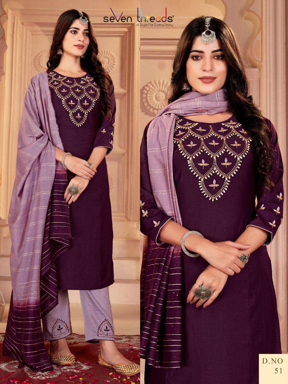 SEVEN THREADS HIT DESIGN 51 BY SEVEN THREADS BEAUTIFUL STYLISH SUITS FANCY COLORFUL CASUAL WEAR & ETHNIC WEAR & READY TO WEAR BEMBERG SILK DRESSES AT WHOLESALE PRICE