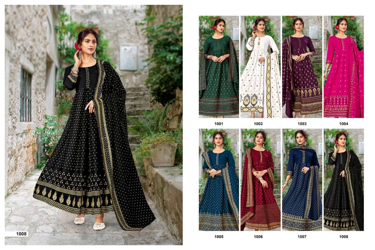 JANNAT BY JINESH NX 1001 TO 1008 SERIES BEAUTIFUL SUITS COLORFUL STYLISH FANCY CASUAL WEAR &  RAYON FOIL PRINT DRESSES AT WHOLESALE PRICE