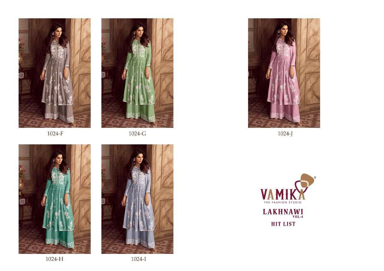 LAKHNAVI VOL-4 BY VAMIKA 1024 F TO 1024 J SERIES BEAUTIFUL STYLISH SHARARA SUITS FANCY COLORFUL CASUAL WEAR & ETHNIC WEAR & READY TO WEAR HEAVY RAYON PRINTED DRESSES AT WHOLESALE PRICE