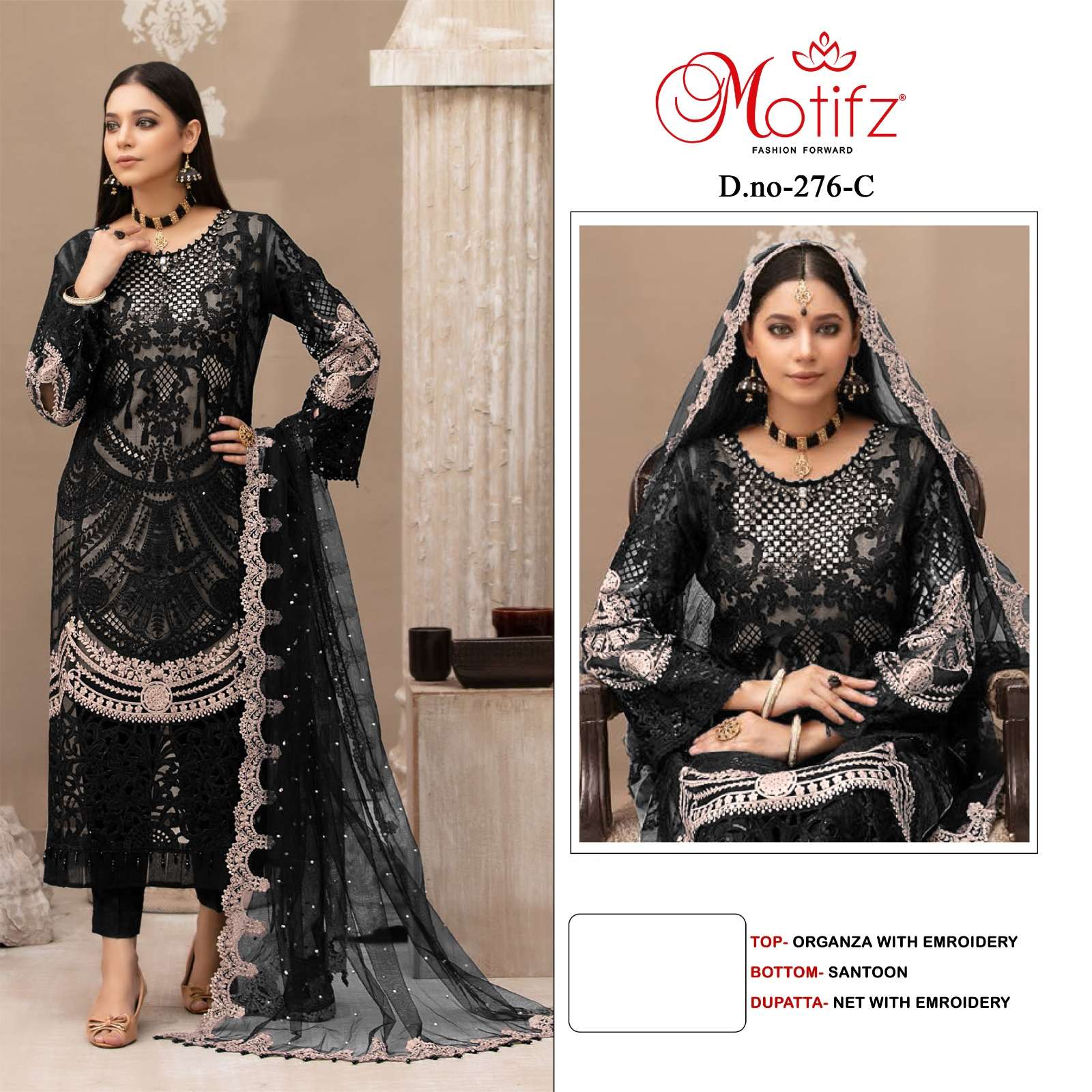 MOTIFZ HIT DESIGN 276 COLOURS BY MOTIFZ 276-B TO 276-E SERIES DESIGNER PAKISTANI SUITS BEAUTIFUL FANCY COLORFUL STYLISH PARTY WEAR & OCCASIONAL WEAR ORGANZA WITH EMBROIDERY DRESSES AT WHOLESALE PRICE