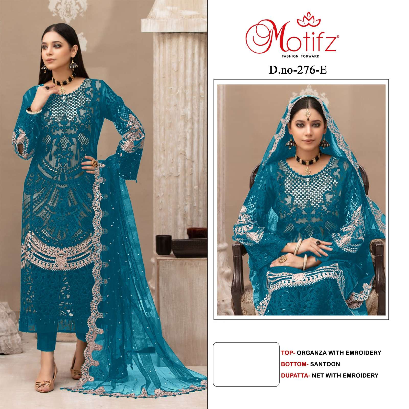 MOTIFZ HIT DESIGN 276 COLOURS BY MOTIFZ 276-B TO 276-E SERIES DESIGNER PAKISTANI SUITS BEAUTIFUL FANCY COLORFUL STYLISH PARTY WEAR & OCCASIONAL WEAR ORGANZA WITH EMBROIDERY DRESSES AT WHOLESALE PRICE