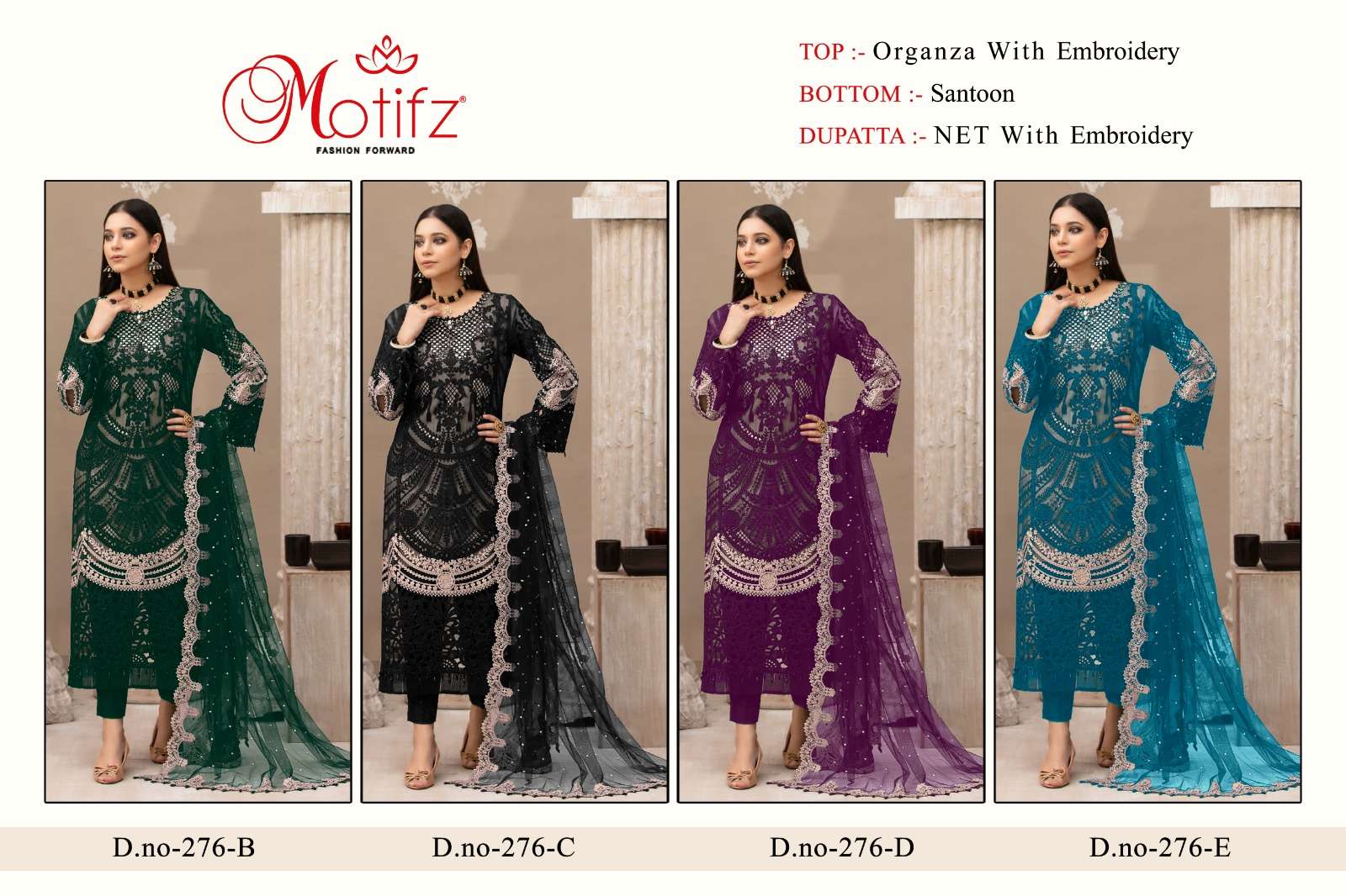 MOTIFZ HIT DESIGN 276 COLOURS BY MOTIFZ 276-B TO 276-E SERIES DESIGNER PAKISTANI SUITS BEAUTIFUL FANCY COLORFUL STYLISH PARTY WEAR & OCCASIONAL WEAR ORGANZA WITH EMBROIDERY DRESSES AT WHOLESALE PRICE
