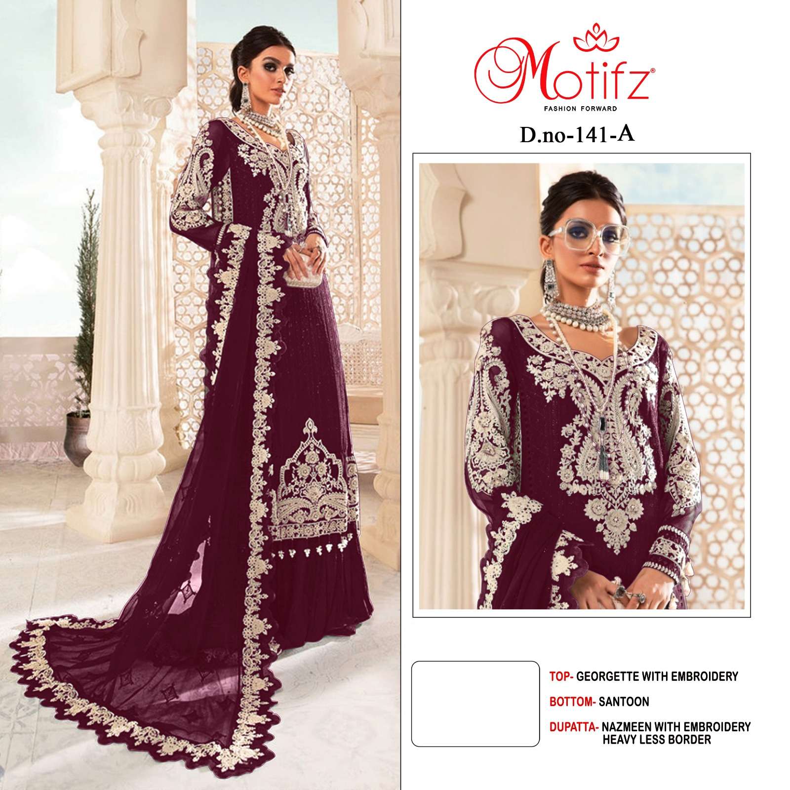 MOTIFZ HIT DESIGN 141 COLOURS BY MOTIFZ 141 TO 141-C SERIES DESIGNER PAKISTANI SUITS BEAUTIFUL FANCY COLORFUL STYLISH PARTY WEAR & OCCASIONAL WEAR GEORGETTE WITH EMBROIDERY DRESSES AT WHOLESALE PRICE