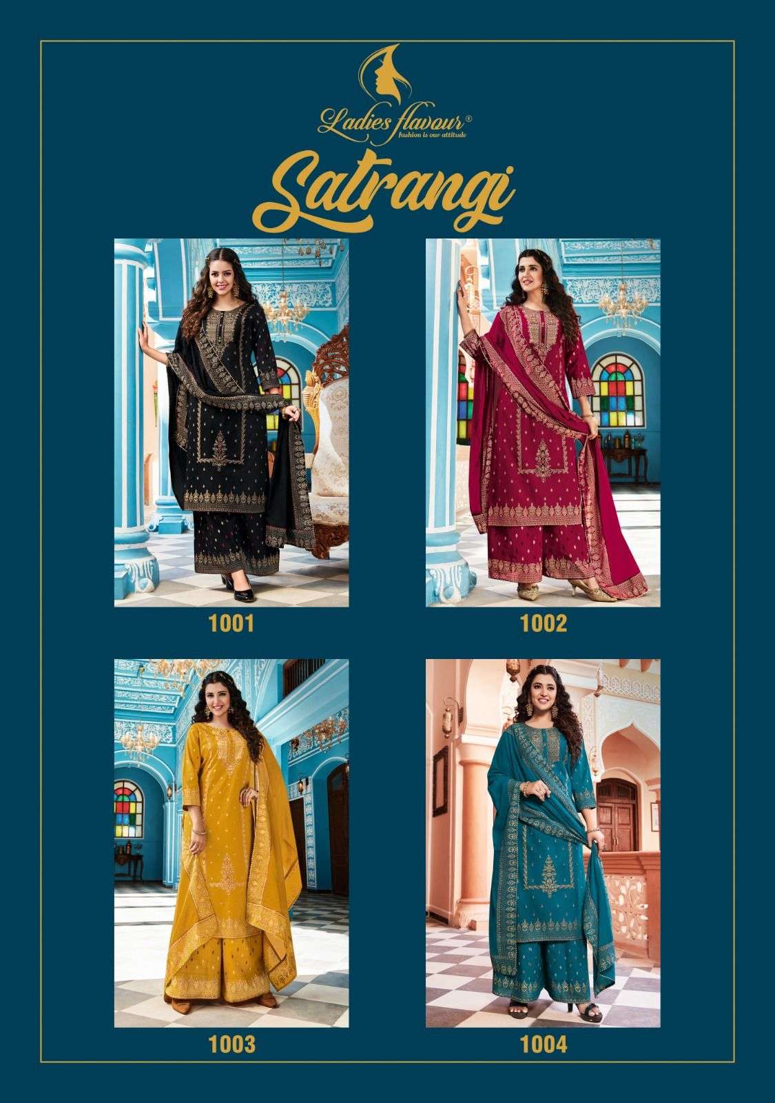 Satrangi By Ladies Flavour 1001 To 1004 Series Beautiful Sharara Suits Colorful Stylish Fancy Casual Wear & Ethnic Wear Heavy Cotton Embroidered Dresses At Wholesale Price