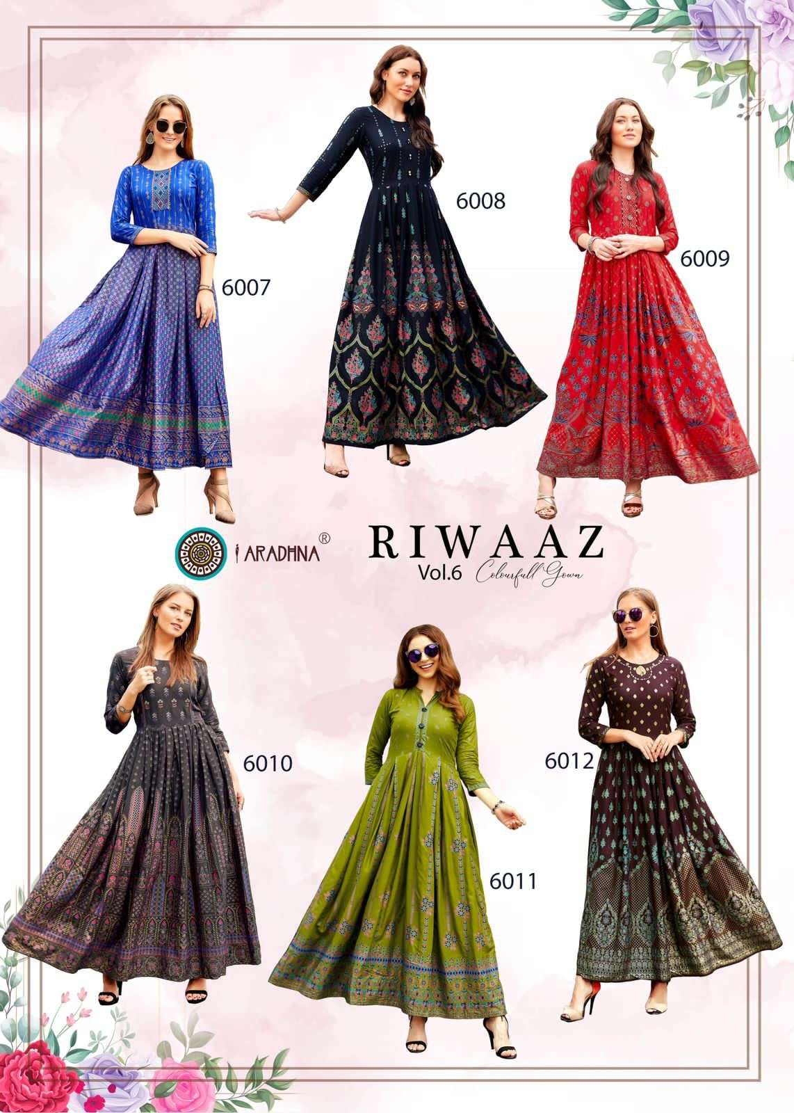 Riwaaz Vol-6 By Aradhna Fashion 6001 To 6012 Series Beautiful Suits Colorful Stylish Fancy Casual Wear & Ethnic Wear Rayon Print Gowns At Wholesale Price