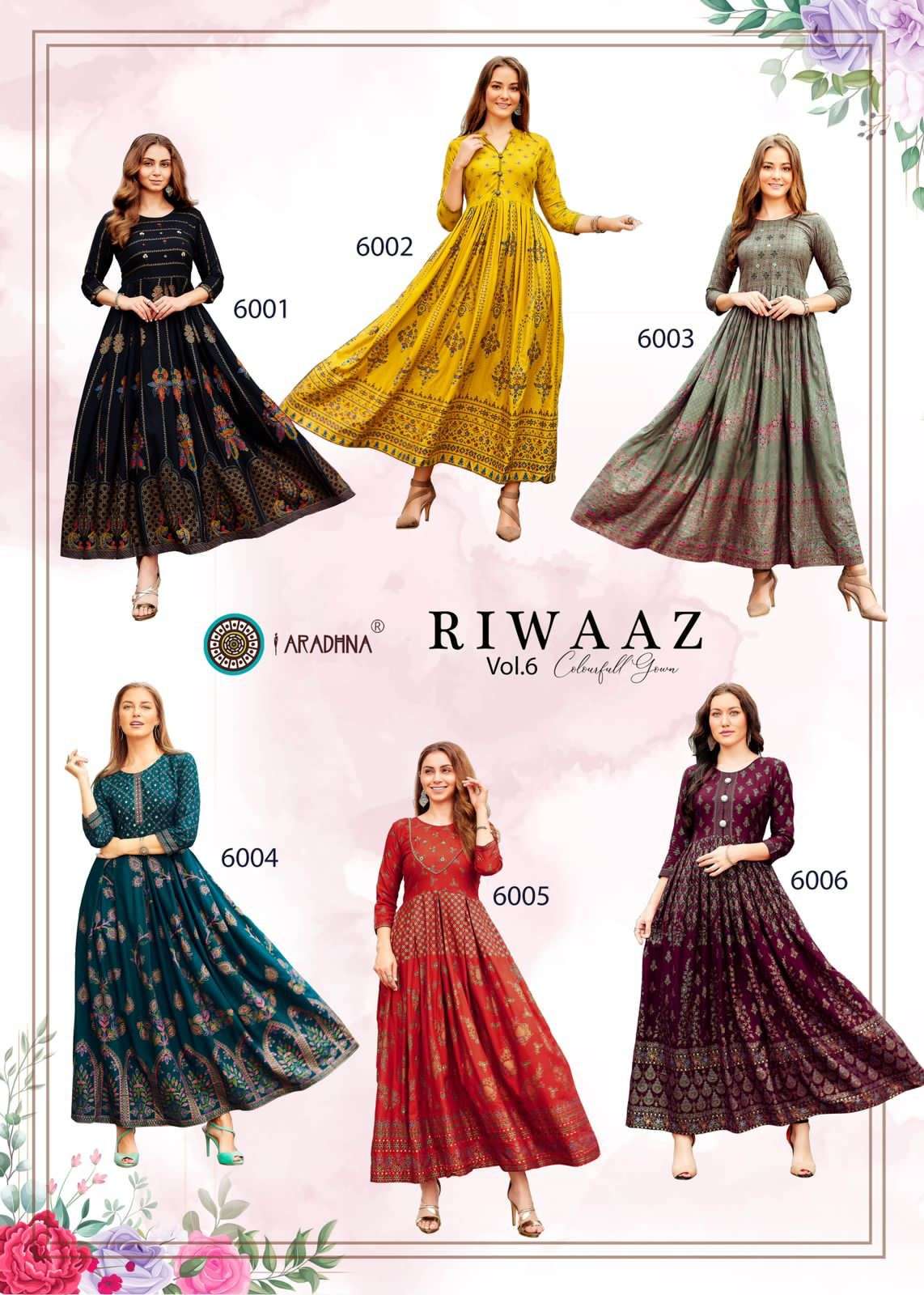 Riwaaz Vol-6 By Aradhna Fashion 6001 To 6012 Series Beautiful Suits Colorful Stylish Fancy Casual Wear & Ethnic Wear Rayon Print Gowns At Wholesale Price