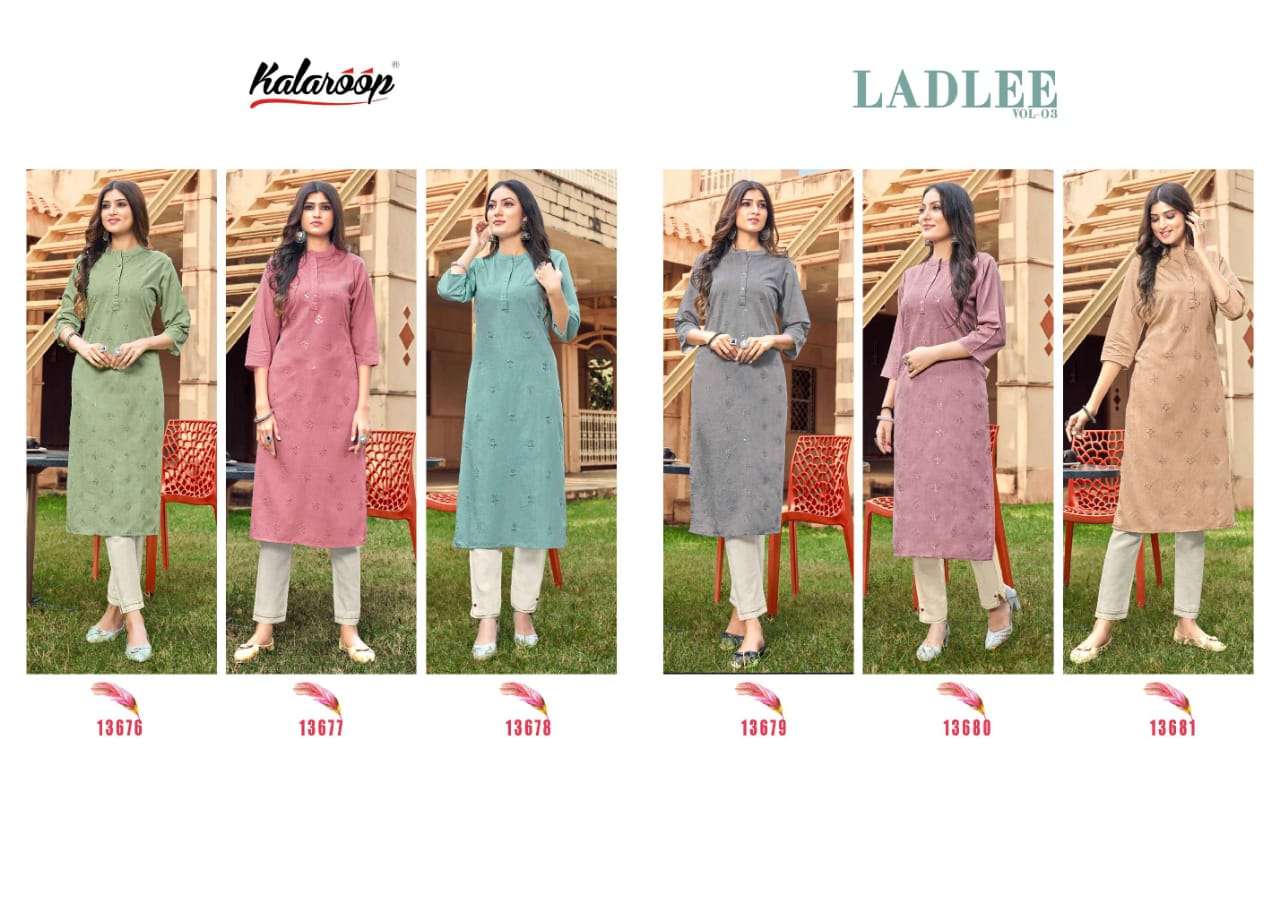 LADLEE VOL-3 BY KALAROOP 13676 TO 13681 SERIES DESIGNER STYLISH FANCY COLORFUL BEAUTIFUL PARTY WEAR & ETHNIC WEAR COLLECTION RAYON PRINT KURTIS AT WHOLESALE PRICE