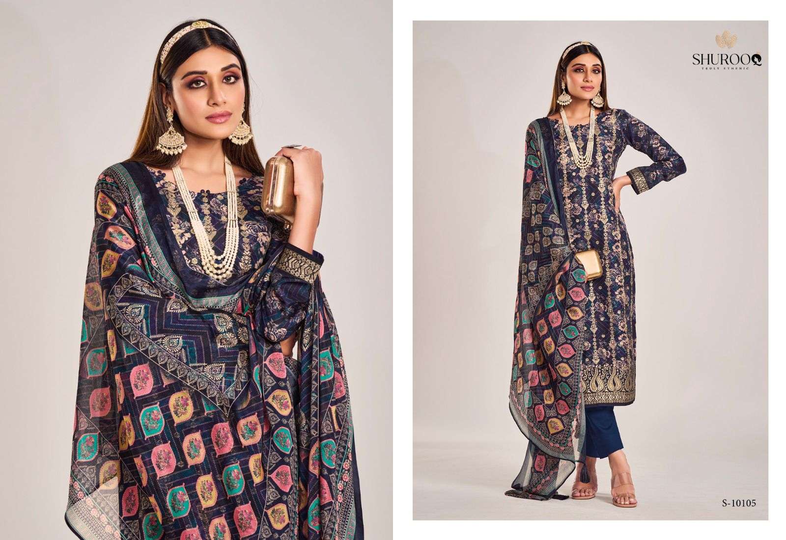 BANNO BY SHUROOQ 10105 TO 10108 SERIES BEAUTIFUL SUITS COLORFUL STYLISH FANCY CASUAL WEAR & ETHNIC WEAR PURE SILK JACQUARD DRESSES AT WHOLESALE PRICE