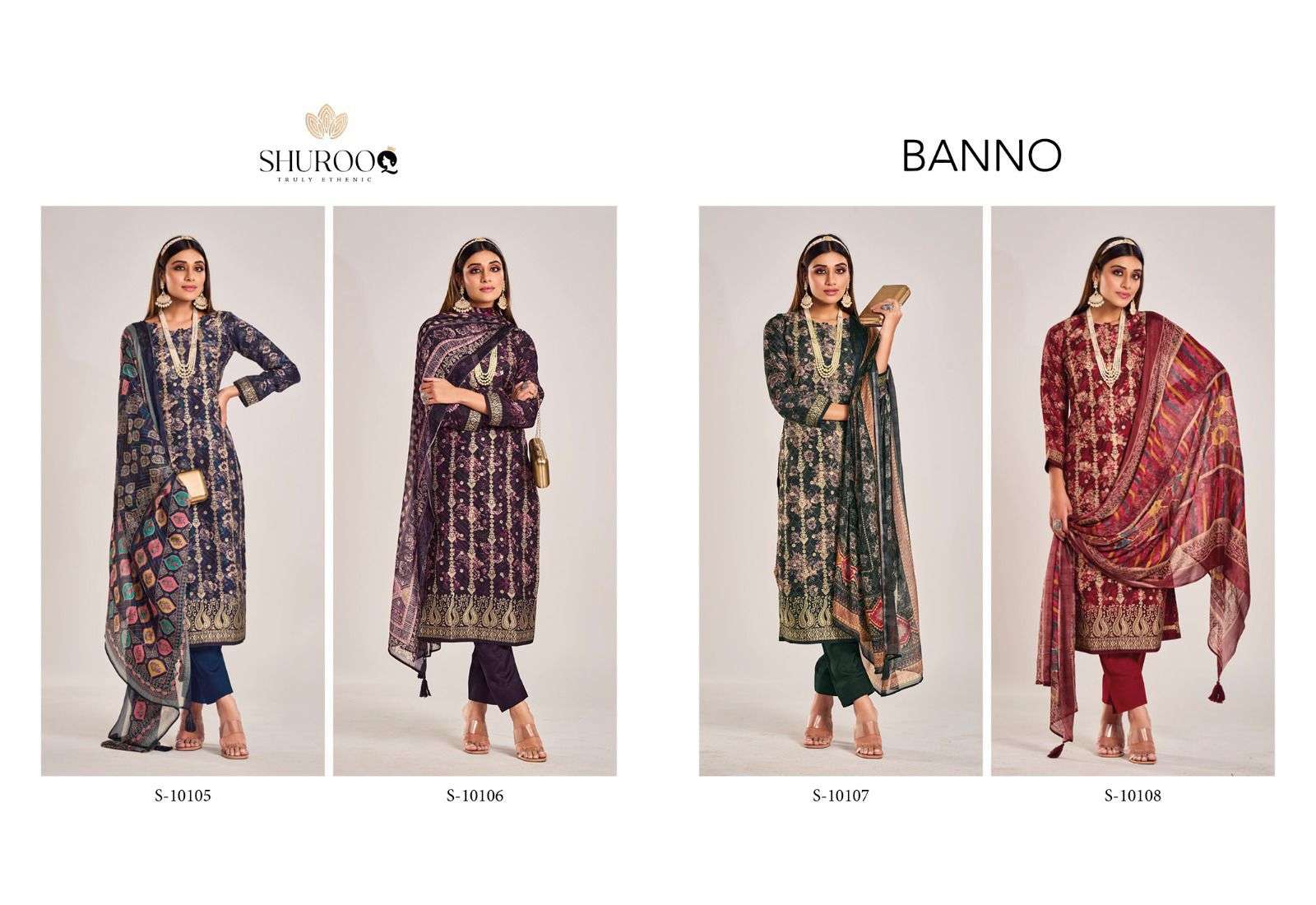 BANNO BY SHUROOQ 10105 TO 10108 SERIES BEAUTIFUL SUITS COLORFUL STYLISH FANCY CASUAL WEAR & ETHNIC WEAR PURE SILK JACQUARD DRESSES AT WHOLESALE PRICE