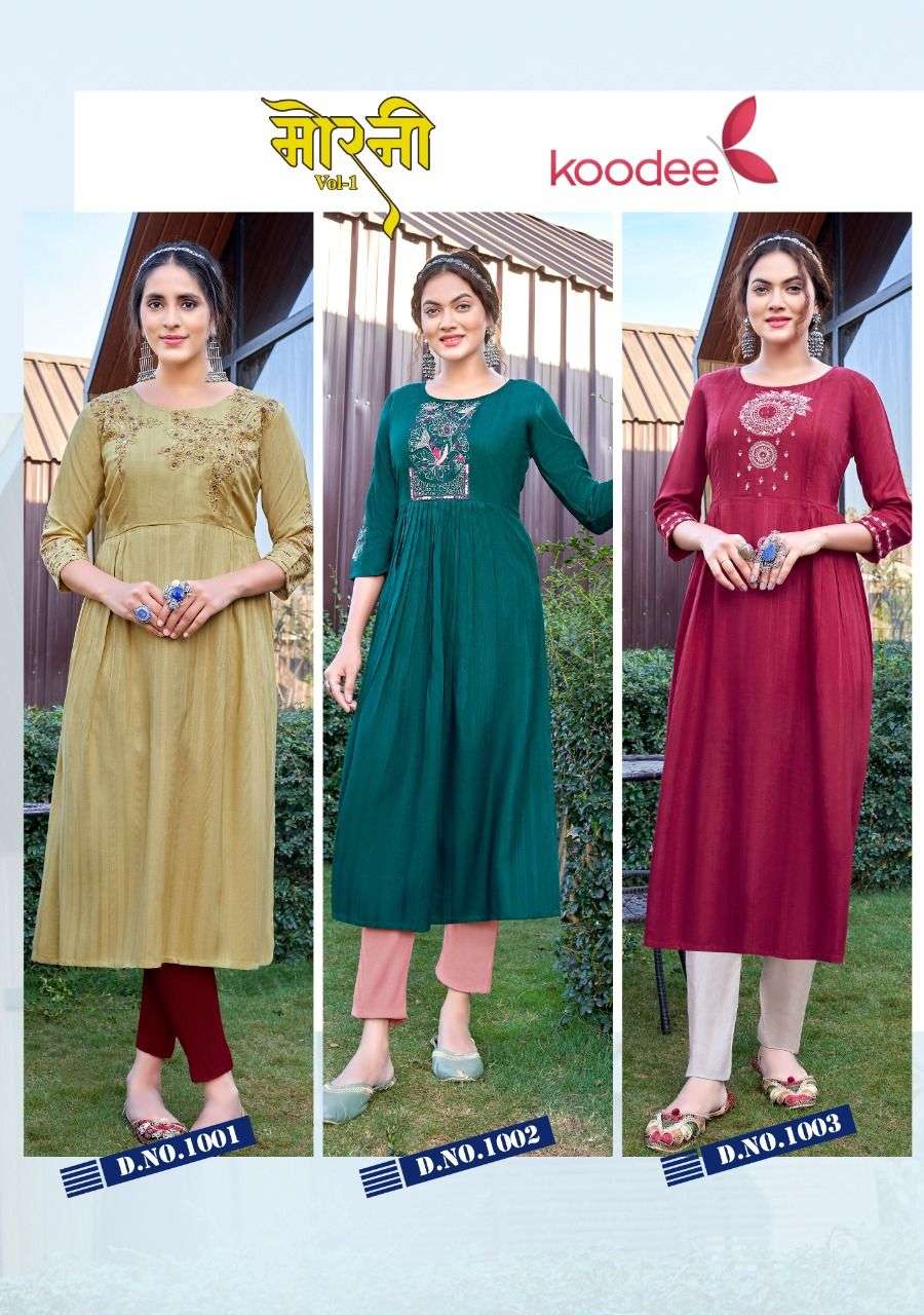 Morni Vol-1 By Koodee 1001 To 1006 Series Designer Stylish Fancy Colorful Beautiful Party Wear & Ethnic Wear Collection Rayon Embroidered Kurtis At Wholesale Price