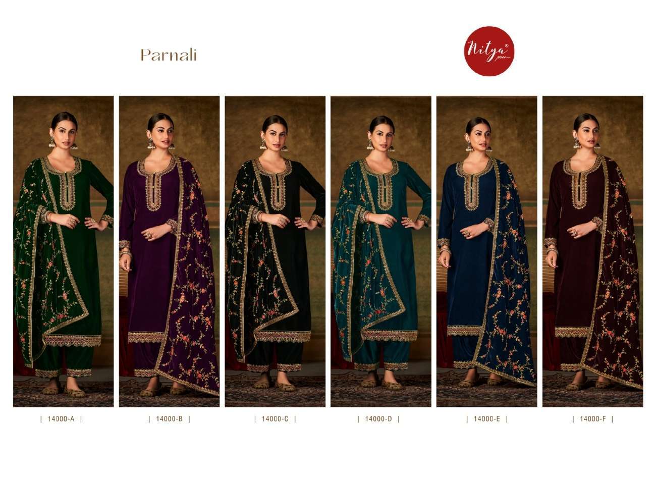 PARNALI BY LT FABRICS 14000-A TO 14000-F SERIES BEAUTIFUL FESTIVE SUITS COLORFUL STYLISH FANCY CASUAL WEAR & ETHNIC WEAR VELVET EMBROIDERED DRESSES AT WHOLESALE PRICE