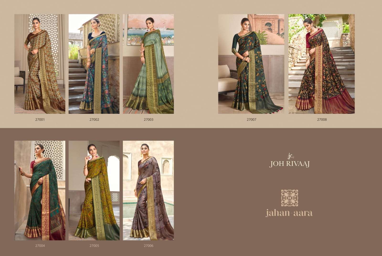JAHAN AARA BY JOH RIVAAJ 27001 TO 27008 SERIES INDIAN TRADITIONAL WEAR COLLECTION BEAUTIFUL STYLISH FANCY COLORFUL PARTY WEAR & OCCASIONAL WEAR SILK SAREES AT WHOLESALE PRICE