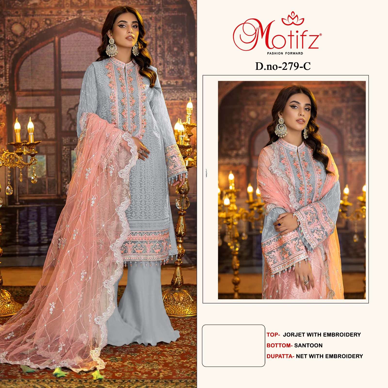MOTIFZ HIT DESIGN 279 COLOURS BY MOTIFZ 279-A TO 279-D SERIES DESIGNER PAKISTANI SUITS BEAUTIFUL FANCY COLORFUL STYLISH PARTY WEAR & OCCASIONAL WEAR GEORGETTE WITH EMBROIDERY DRESSES AT WHOLESALE PRICE