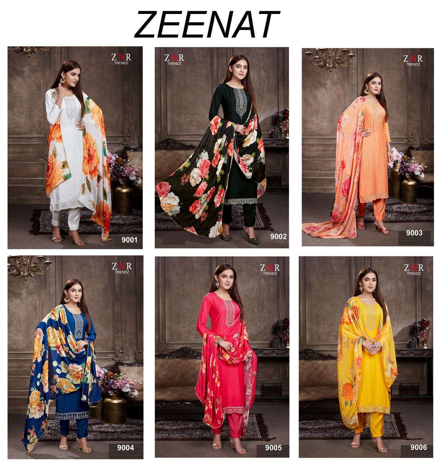 Zeenat By Znr Trendz 9001 To 9006 Series Beautiful Stylish Suits Fancy Colorful Casual Wear & Ethnic Wear & Ready To Wear Pure Muslin Jacquard Embroidered Dresses At Wholesale Price