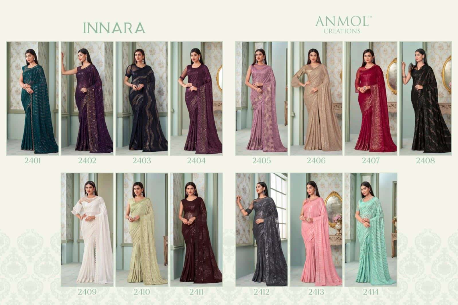 Innara Vol-4 By Anmol Creation 2401 To 2414 Series Indian Traditional Wear Collection Beautiful Stylish Fancy Colorful Party Wear & Occasional Wear Georgette Sarees At Wholesale Price