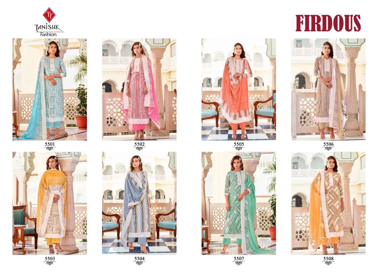 FIRDOUS BY TANISHK FASHION 5501 TO 5508 SERIES BEAUTIFUL SUITS COLORFUL STYLISH FANCY CASUAL WEAR PURE COTTON DIGITAL PRINT DRESSES AT WHOLESALE PRICE