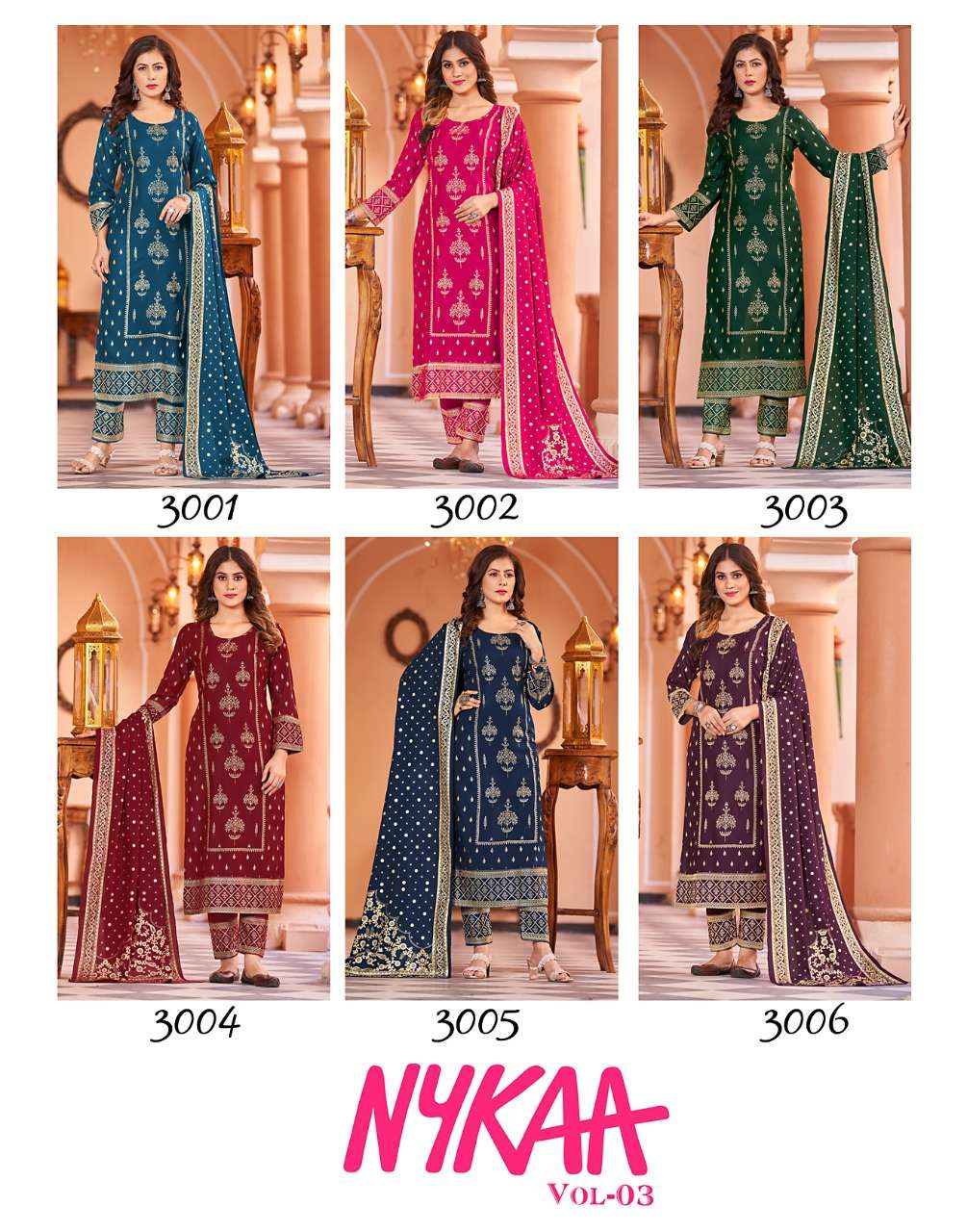 NYKAA VOL-3 BY BANWERY FASHION 3001 TO 3006 SERIES BEAUTIFUL STYLISH SUITS FANCY COLORFUL CASUAL WEAR & ETHNIC WEAR & READY TO WEAR RAYON FOIL DRESSES AT WHOLESALE PRICE