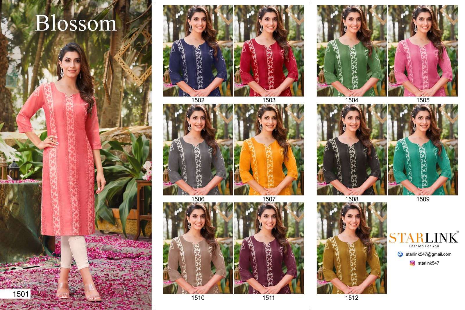 BLOSSOM BY STARLINK 1501 TO 1512 SERIES DESIGNER STYLISH FANCY COLORFUL BEAUTIFUL PARTY WEAR & ETHNIC WEAR COLLECTION CHANDERI EMBROIDERED KURTIS AT WHOLESALE PRICE