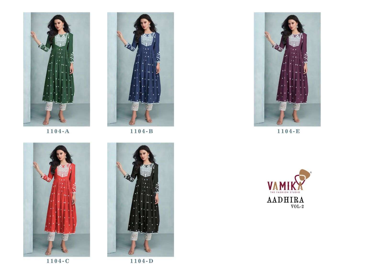 Aadhira Vol-2 By Vamika 1104-A To 1104-E Series Beautiful Stylish Suits Fancy Colorful Casual Wear & Ethnic Wear & Ready To Wear Rayon Viscose Dresses At Wholesale Price