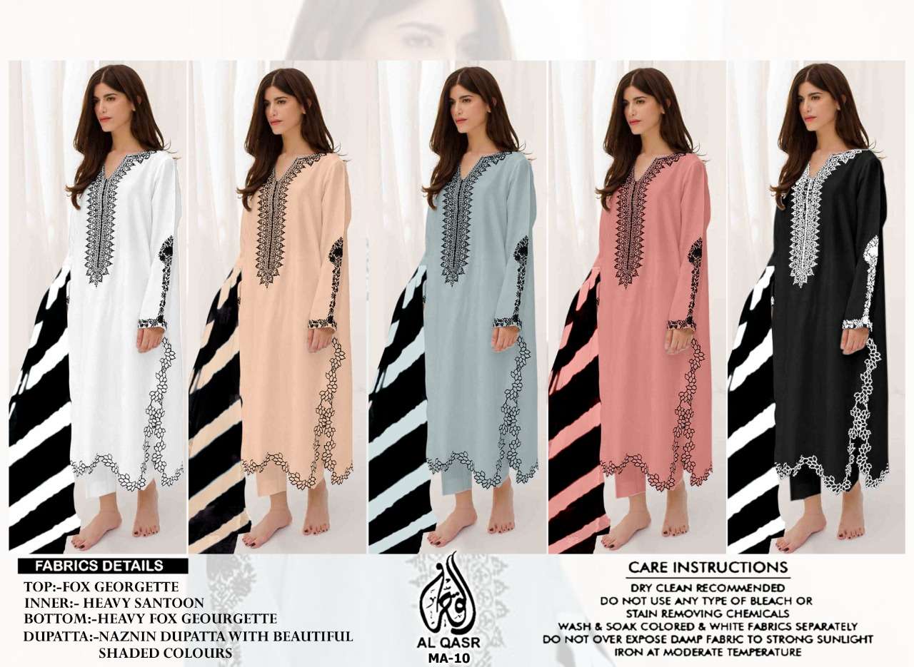 MA-10 COLOURS BY AL QASR 10-A TO 10-E SERIES BEAUTIFUL PAKISTANI SUITS COLORFUL STYLISH FANCY CASUAL WEAR & ETHNIC WEAR FAUX GEORGETTE DRESSES AT WHOLESALE PRICE