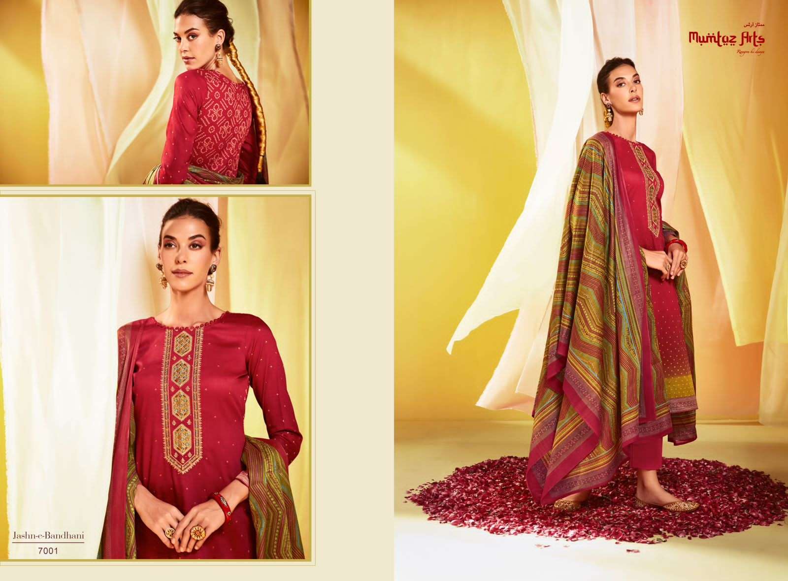 Jashn-E-Bandhani Vol-3 By Mumtaz Arts 7001 To 7008 Series Beautiful Stylish Festive Suits Fancy Colorful Casual Wear & Ethnic Wear & Ready To Wear Pure Jam Satin Embroidery Dresses At Wholesale Price