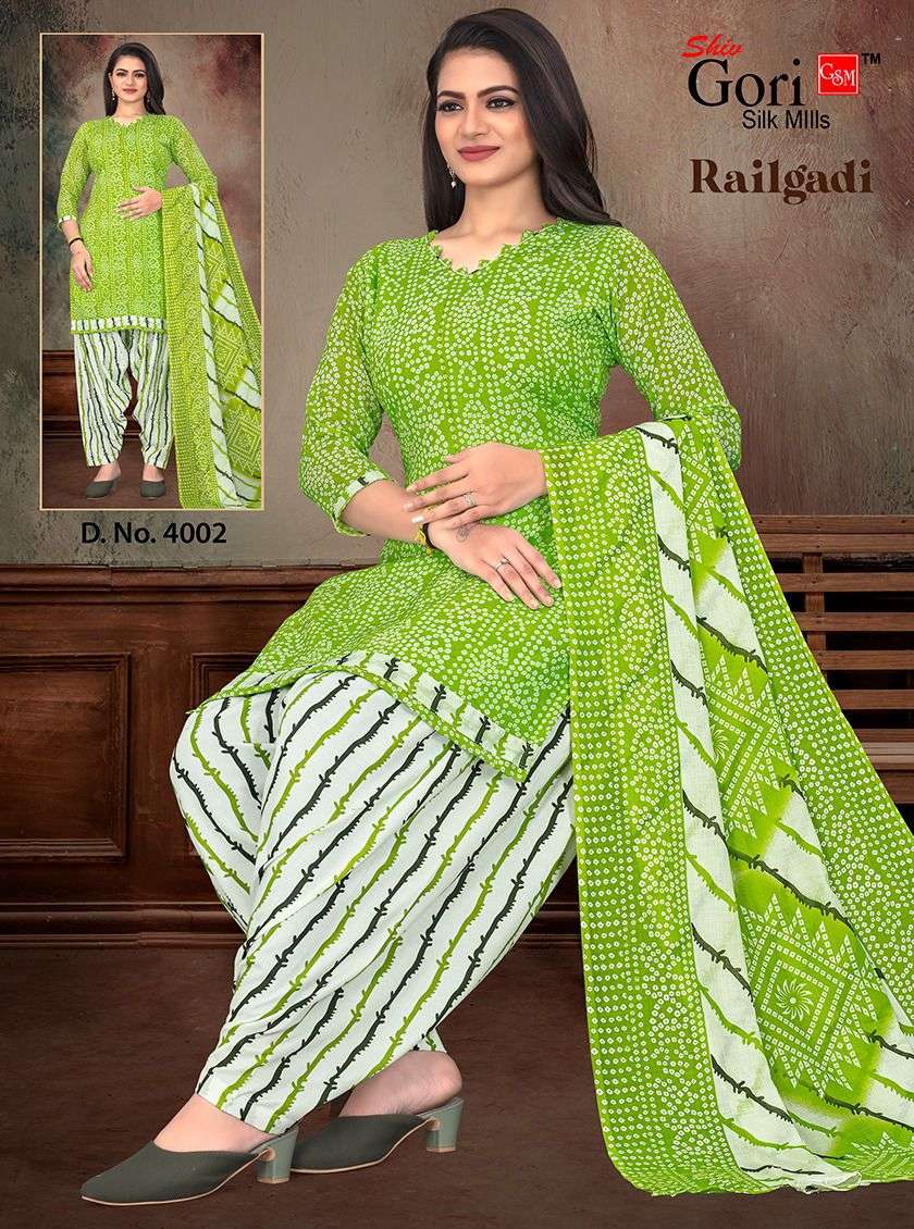 RAILGADI VOL-5 BY SHIV GORI SILK MILLS 4001 TO 4008 SERIES BEAUTIFUL STYLISH SUITS FANCY COLORFUL CASUAL WEAR & ETHNIC WEAR & READY TO WEAR HEAVY COTTON EMBROIDERY DRESSES AT WHOLESALE PRICE
