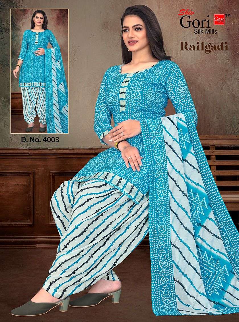 RAILGADI VOL-5 BY SHIV GORI SILK MILLS 4001 TO 4008 SERIES BEAUTIFUL STYLISH SUITS FANCY COLORFUL CASUAL WEAR & ETHNIC WEAR & READY TO WEAR HEAVY COTTON EMBROIDERY DRESSES AT WHOLESALE PRICE