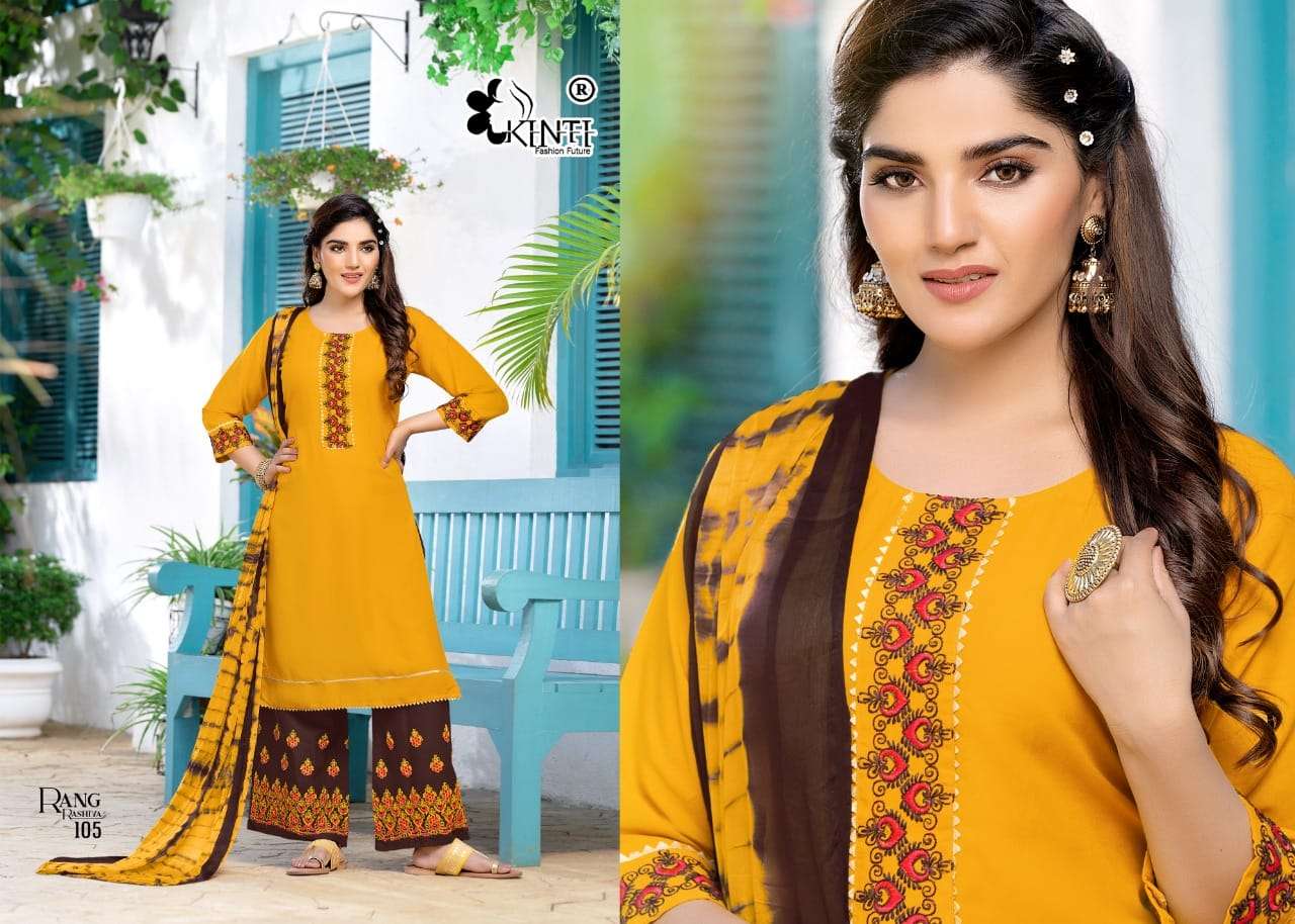 RANG RASHIYA BY KINTI 101 TO 106 SERIES BEAUTIFUL STYLISH SUITS FANCY COLORFUL CASUAL WEAR & ETHNIC WEAR & READY TO WEAR HEAVY RAYON EMBROIDERY DRESSES AT WHOLESALE PRICE