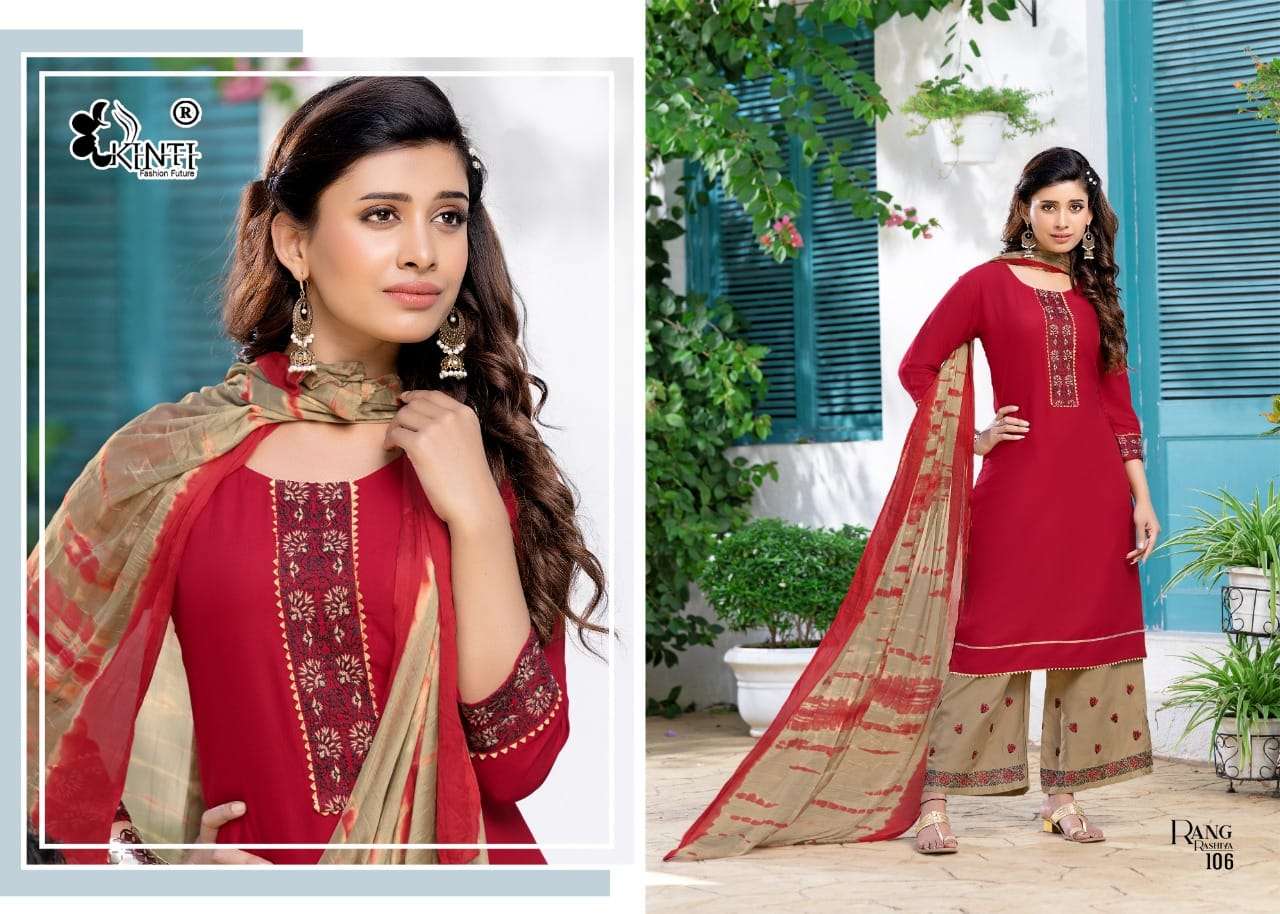 RANG RASHIYA BY KINTI 101 TO 106 SERIES BEAUTIFUL STYLISH SUITS FANCY COLORFUL CASUAL WEAR & ETHNIC WEAR & READY TO WEAR HEAVY RAYON EMBROIDERY DRESSES AT WHOLESALE PRICE