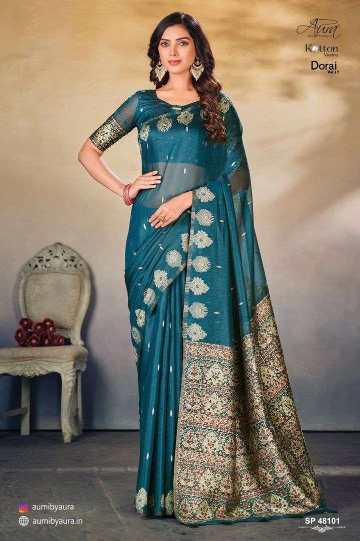 DORAI VOL-17 BY AURA 48101 TO 48106 SERIES INDIAN TRADITIONAL WEAR COLLECTION BEAUTIFUL STYLISH FANCY COLORFUL PARTY WEAR & OCCASIONAL WEAR COTTON SAREES AT WHOLESALE PRICE