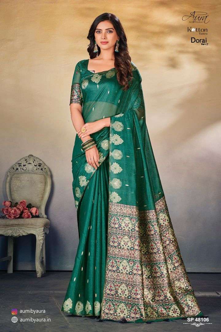 DORAI VOL-17 BY AURA 48101 TO 48106 SERIES INDIAN TRADITIONAL WEAR COLLECTION BEAUTIFUL STYLISH FANCY COLORFUL PARTY WEAR & OCCASIONAL WEAR COTTON SAREES AT WHOLESALE PRICE