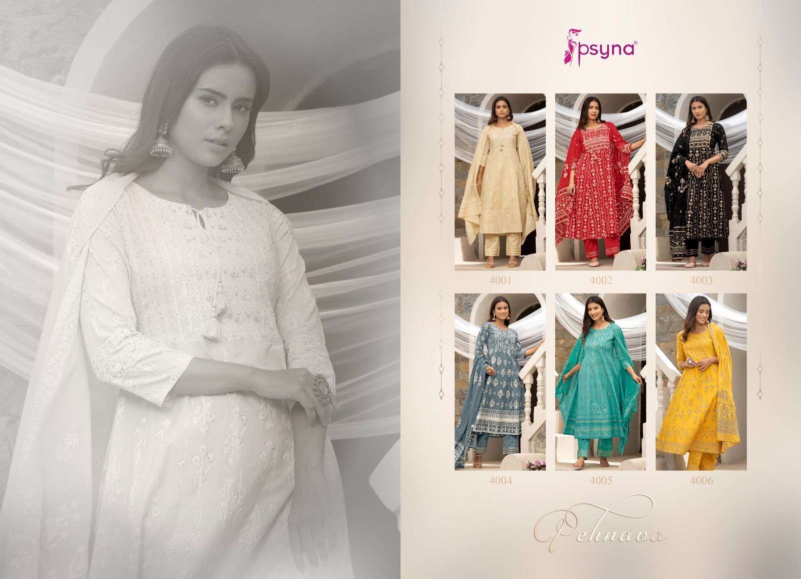 PEHNAVA NEW EDITION VOL-4 BY PSYNA 4001 TO 4006 SERIES BEAUTIFUL SUITS STYLISH FANCY COLORFUL CASUAL WEAR & ETHNIC WEAR CAMBRIC COTTON DRESSES AT WHOLESALE PRICE