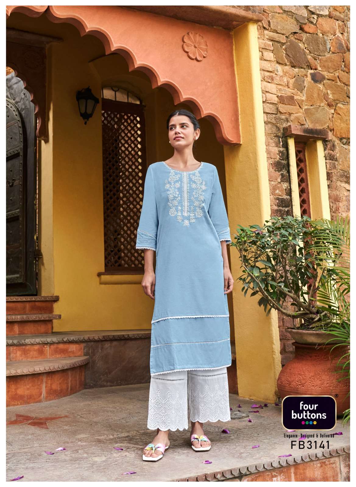 BANYAN TREE VOL-3 BY FOUR BUTTONS 3141 TO 3146 SERIES DESIGNER STYLISH FANCY COLORFUL BEAUTIFUL PARTY WEAR & ETHNIC WEAR COLLECTION PURE COTTON KURTIS WITH BOTTOM AT WHOLESALE PRICE