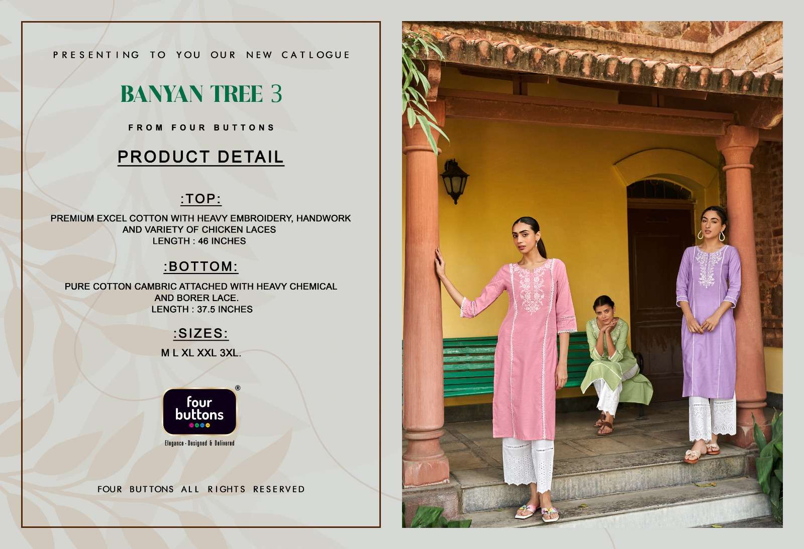BANYAN TREE VOL-3 BY FOUR BUTTONS 3141 TO 3146 SERIES DESIGNER STYLISH FANCY COLORFUL BEAUTIFUL PARTY WEAR & ETHNIC WEAR COLLECTION PURE COTTON KURTIS WITH BOTTOM AT WHOLESALE PRICE