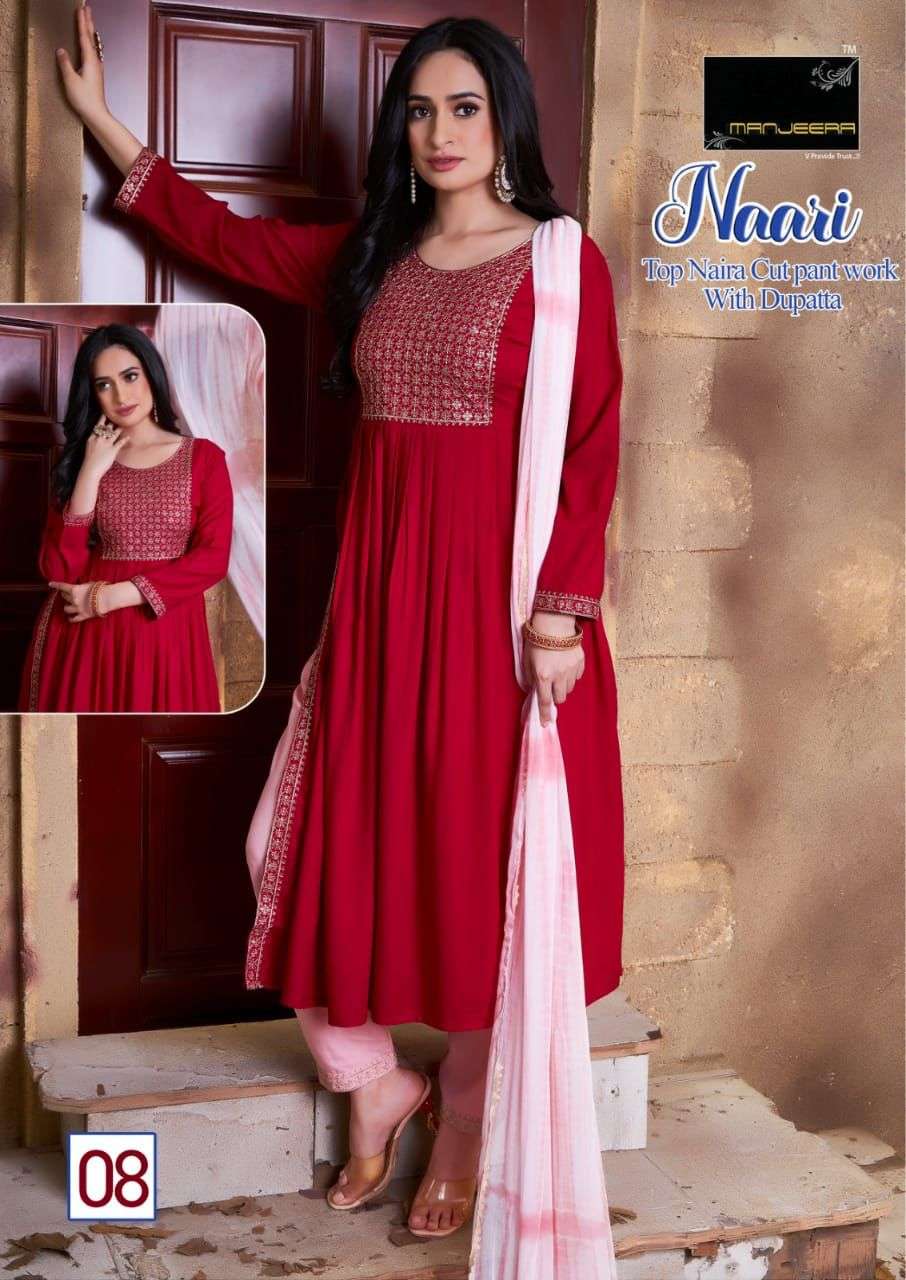 NAARI BY MANJEERA 01 TO 08 SERIES BEAUTIFUL SUITS COLORFUL STYLISH FANCY CASUAL WEAR & ETHNIC WEAR RAYON WITH WORK DRESSES AT WHOLESALE PRICE