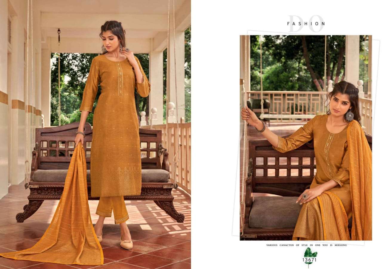 EMPIRE BY KALAROOP 13670 TO 13675 SERIES BEAUTIFUL SUITS COLORFUL STYLISH FANCY CASUAL WEAR & ETHNIC WEAR PURE JACQUARD WITH WORK DRESSES AT WHOLESALE PRICE
