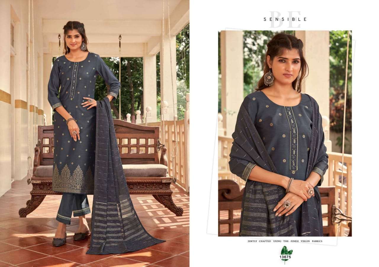EMPIRE BY KALAROOP 13670 TO 13675 SERIES BEAUTIFUL SUITS COLORFUL STYLISH FANCY CASUAL WEAR & ETHNIC WEAR PURE JACQUARD WITH WORK DRESSES AT WHOLESALE PRICE