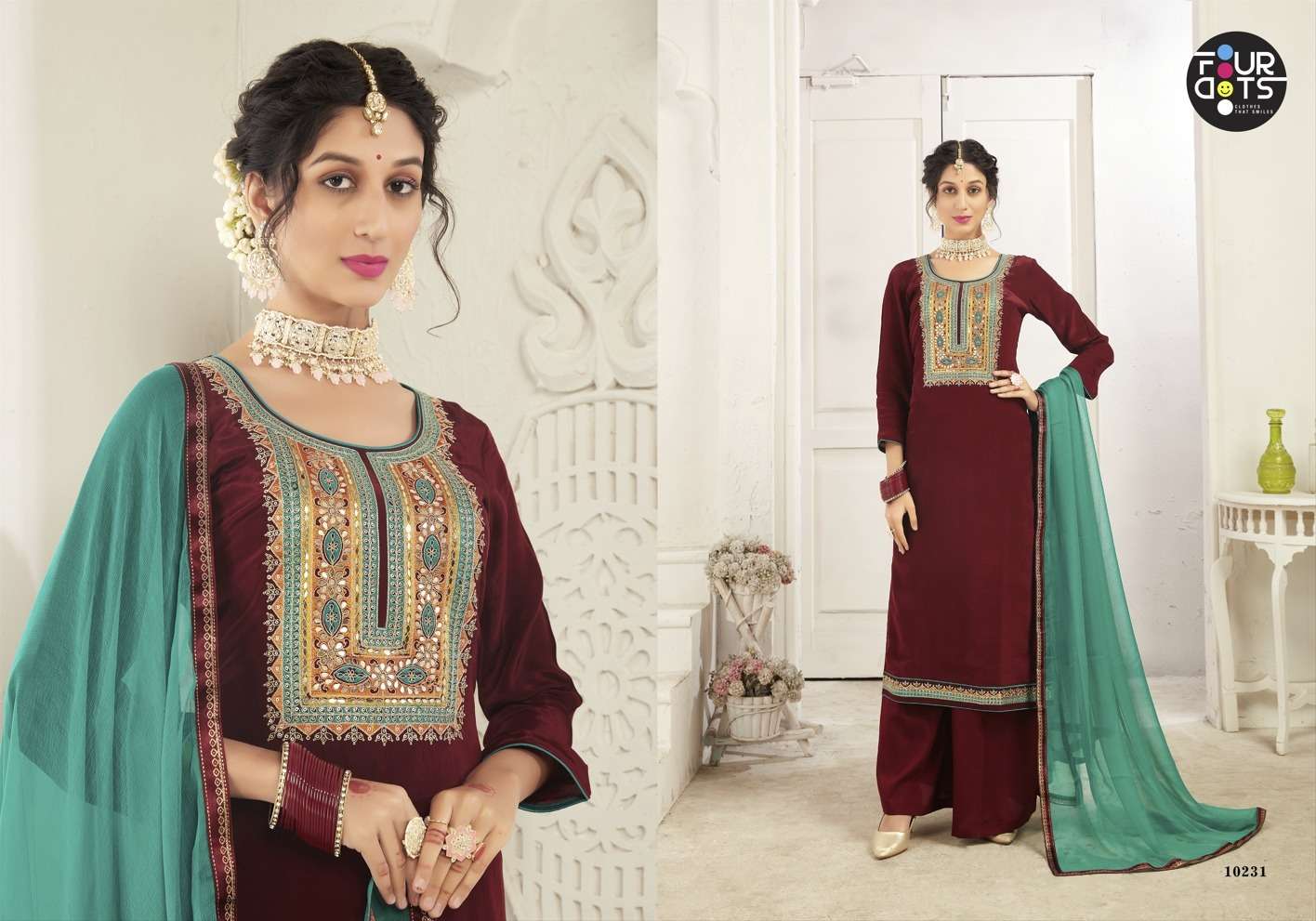 Sarika By Four Dots 10231 To 10234 Series Beautiful Suits Colorful Stylish Fancy Casual Wear & Ethnic Wear Pure Crepe With Work Dresses At Wholesale Price