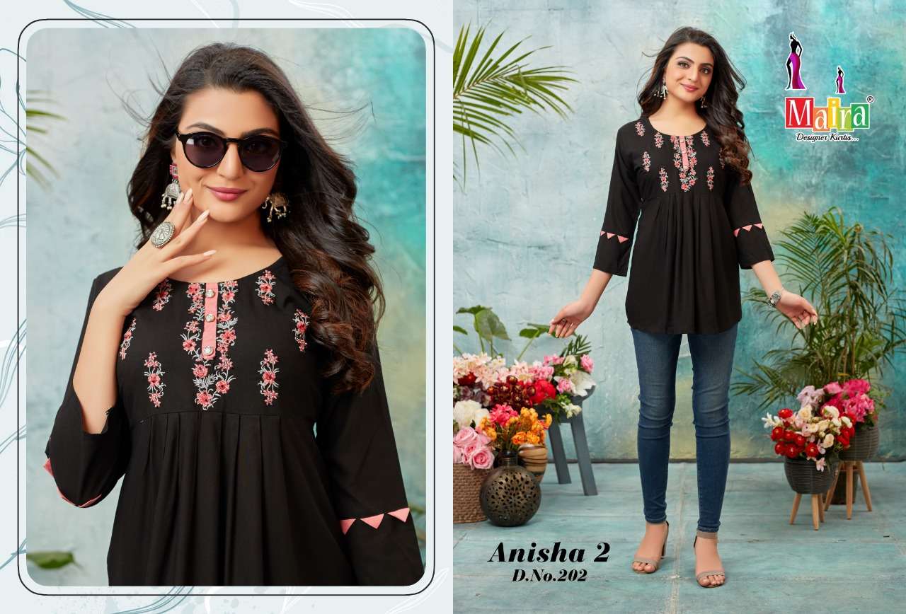 ANISHA VOL-2 BY MAIRA 201 TO 208 SERIES BEAUTIFUL STYLISH FANCY COLORFUL CASUAL WEAR & ETHNIC WEAR RAYON TOPS AT WHOLESALE PRICE