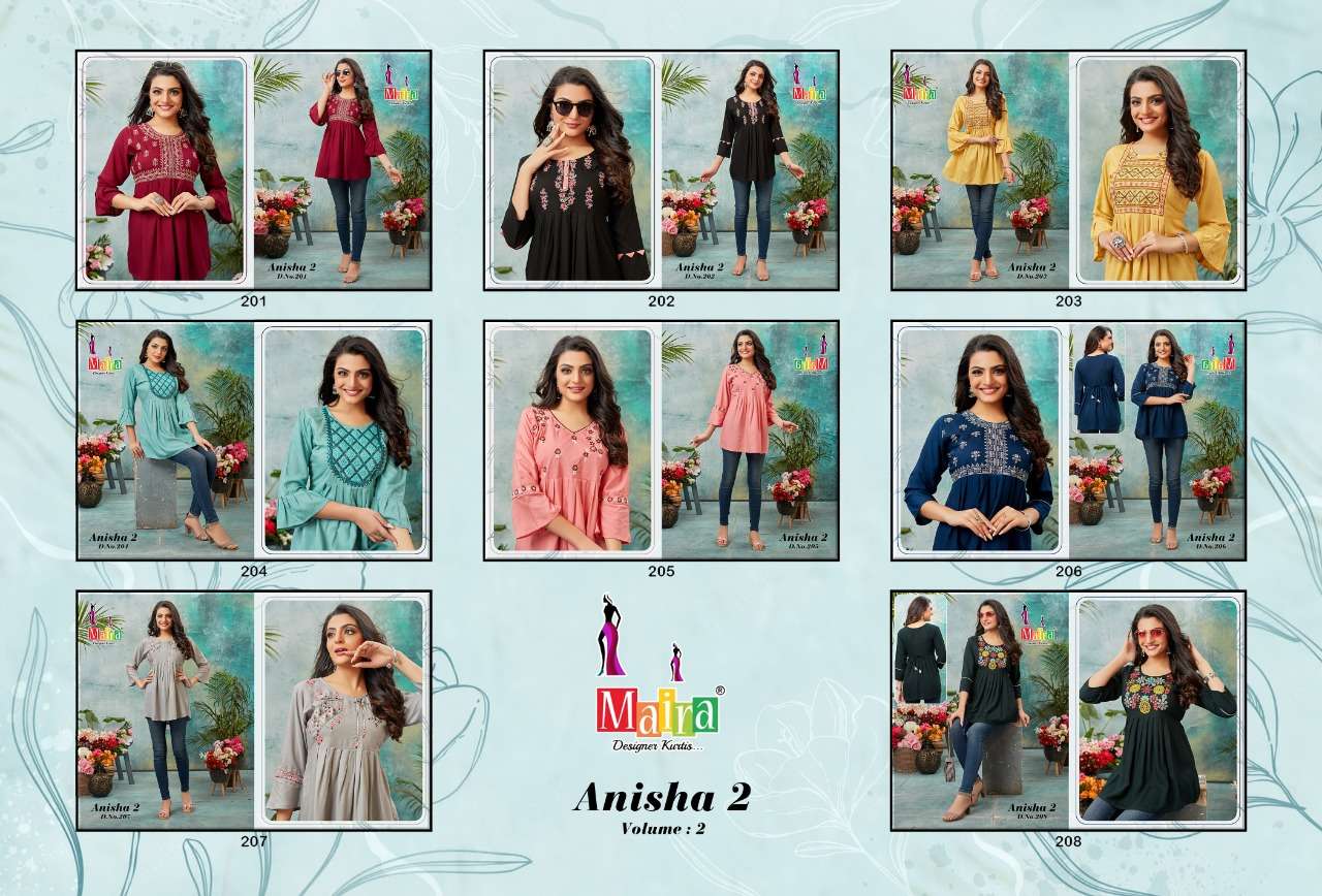 ANISHA VOL-2 BY MAIRA 201 TO 208 SERIES BEAUTIFUL STYLISH FANCY COLORFUL CASUAL WEAR & ETHNIC WEAR RAYON TOPS AT WHOLESALE PRICE