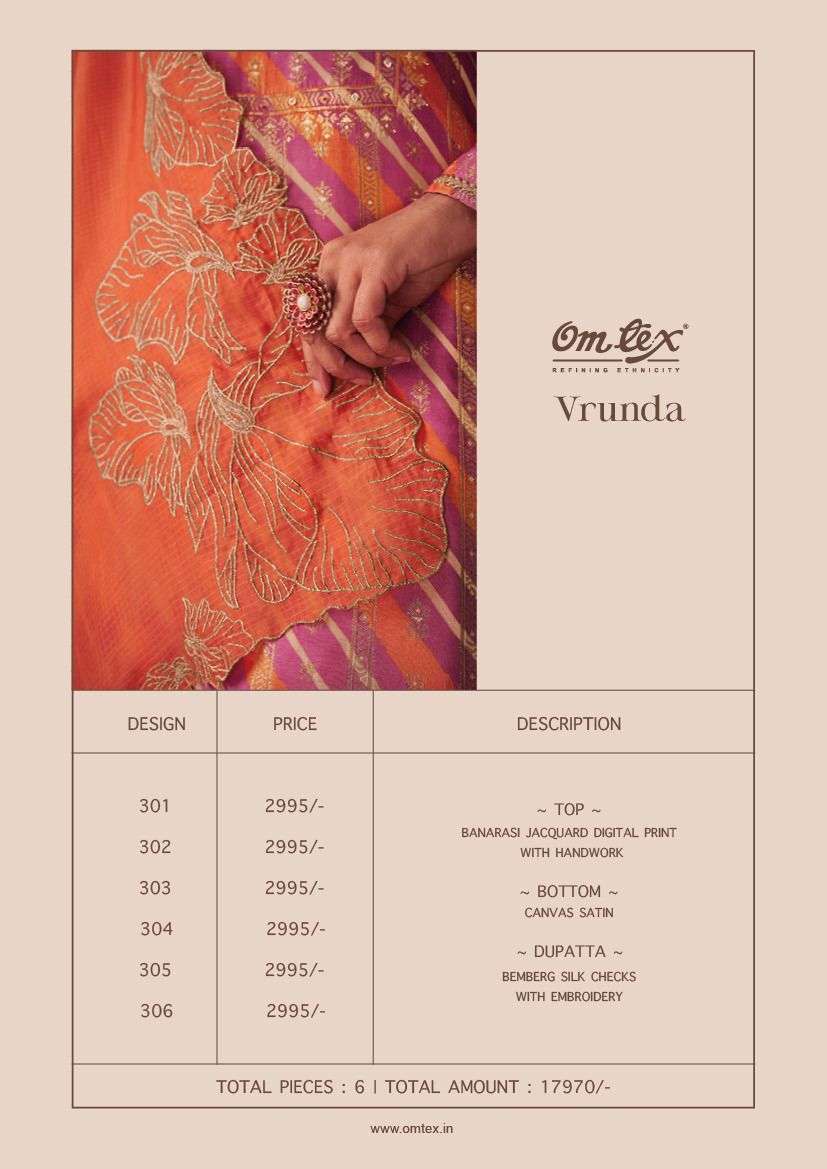 Vrunda By Om Tex 301 To 306 Series Designer Suits Collection Beautiful Stylish Colorful Fancy Party Wear & Occasional Wear Banarasi Jacquard Dresses At Wholesale Price