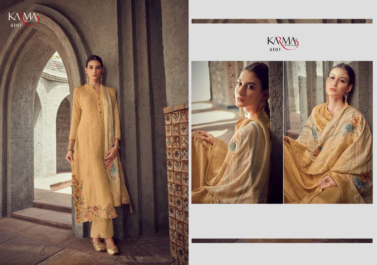 SAMAIRA BY KARMA TRENDZ 4095 TO 4101 SERIES DESIGNER SUITS COLLECTION BEAUTIFUL STYLISH COLORFUL FANCY PARTY WEAR & OCCASIONAL WEAR PURE MUSLIN JACQUARD DRESSES AT WHOLESALE PRICE