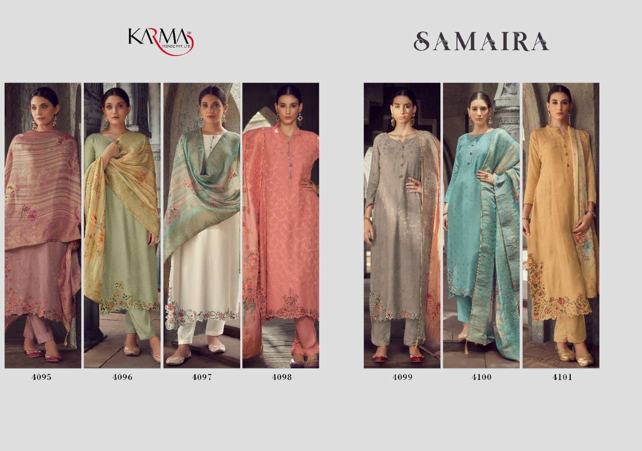 SAMAIRA BY KARMA TRENDZ 4095 TO 4101 SERIES DESIGNER SUITS COLLECTION BEAUTIFUL STYLISH COLORFUL FANCY PARTY WEAR & OCCASIONAL WEAR PURE MUSLIN JACQUARD DRESSES AT WHOLESALE PRICE