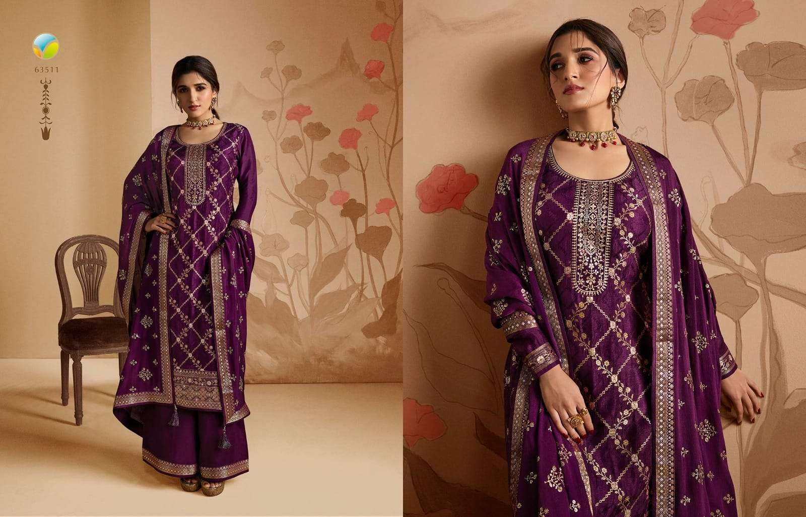 KASEESH SANA VOL-2 BY VINAY FASHION 63511 TO 63518 SERIES BEAUTIFUL STYLISH SUITS FANCY COLORFUL CASUAL WEAR & ETHNIC WEAR & READY TO WEAR PURE DOLA JACQUARD EMBROIDERED DRESSES AT WHOLESALE PRICE