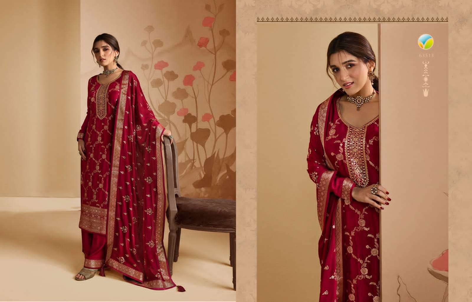 KASEESH SANA VOL-2 BY VINAY FASHION 63511 TO 63518 SERIES BEAUTIFUL STYLISH SUITS FANCY COLORFUL CASUAL WEAR & ETHNIC WEAR & READY TO WEAR PURE DOLA JACQUARD EMBROIDERED DRESSES AT WHOLESALE PRICE