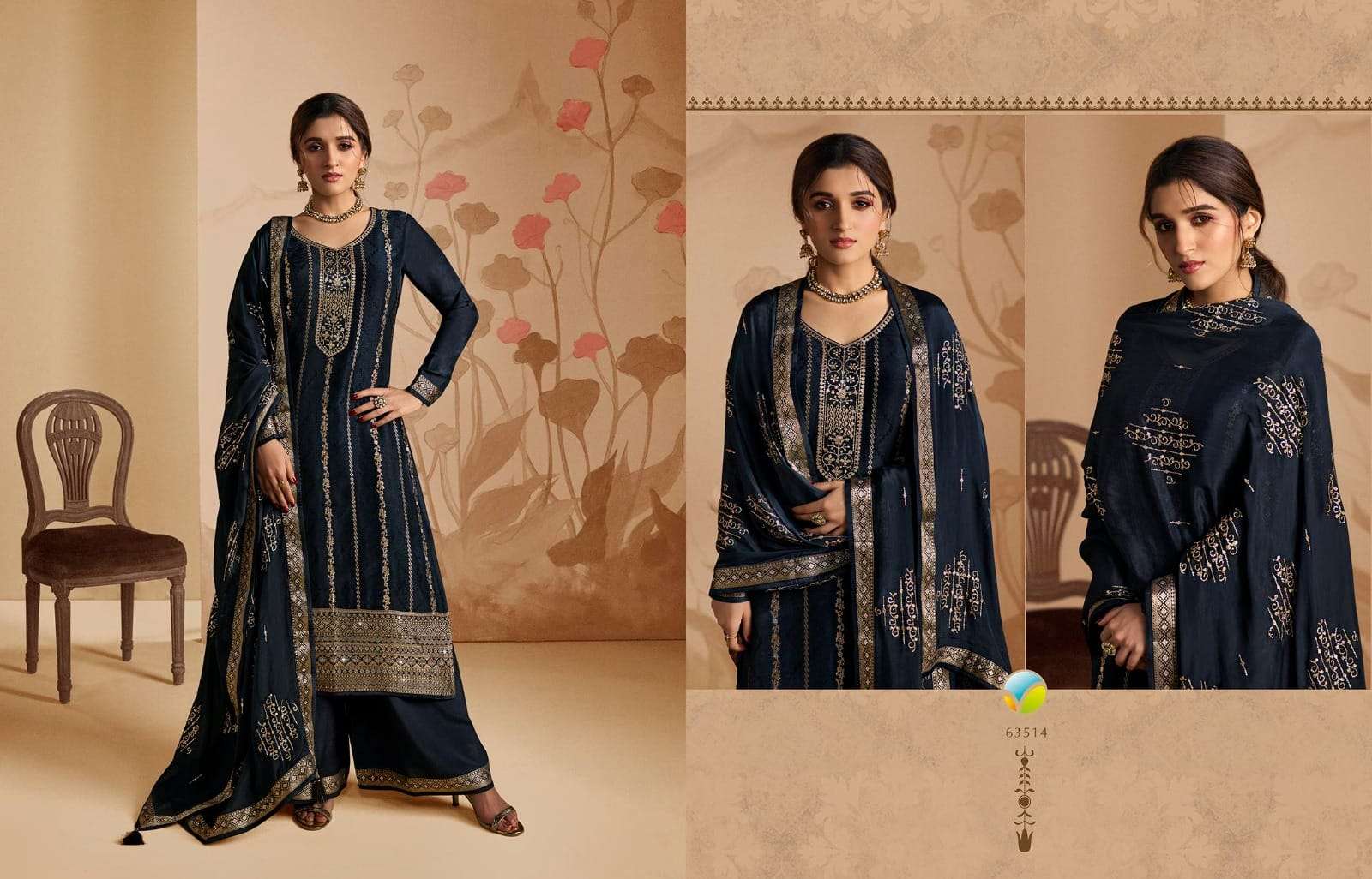 KASEESH SANA VOL-2 BY VINAY FASHION 63511 TO 63518 SERIES BEAUTIFUL STYLISH SUITS FANCY COLORFUL CASUAL WEAR & ETHNIC WEAR & READY TO WEAR PURE DOLA JACQUARD EMBROIDERED DRESSES AT WHOLESALE PRICE